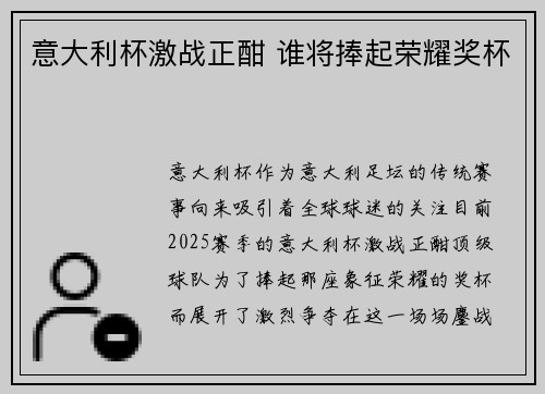 意大利杯激战正酣 谁将捧起荣耀奖杯 意大利杯激战正酣 谁将捧起荣耀奖杯