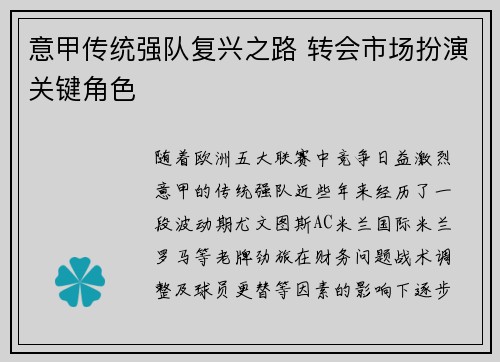意甲传统强队复兴之路 转会市场扮演关键角色 意甲传统强队复兴之路 转会市场扮演关键角色
